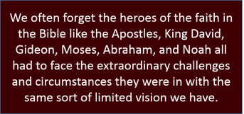 We often forget the heroes of the faith in the Bible like the Apostles, King David, Gideon, Moses, Abraham, and Noah all had to face the extraordinary challenges and circumstances they were in with the same sort of limited vision we have.