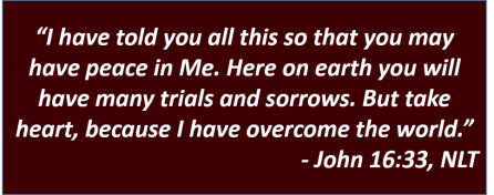 I have told you all this so that you may have peace in Me. Here on earth you will have many trials and sorrows. But take heart, because "I have overcome the world.” (John 16:33, NLT)