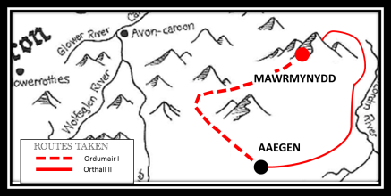 Map of routes taken to Mawrmynydd by Ordumair I and Orthall II