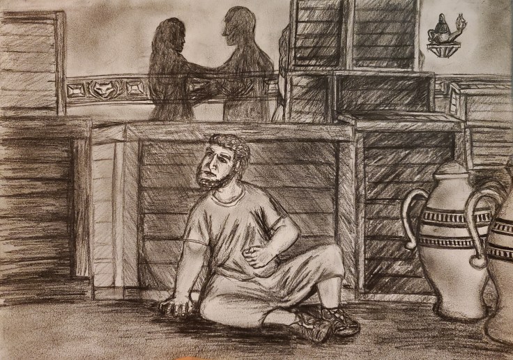 Trajan hiding behind crates listening in secretly on a conversation